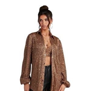 Glitzy Moment Sequin Knit Shacket & bralette set in bronze/gold Size S Privvy